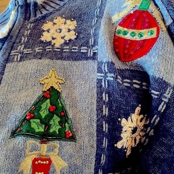 Vintage Christmas Edition Zippered Cardigan Sweater Blue Med - Picture 4 of 10
